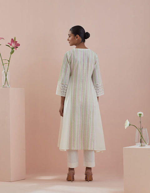 Anarkali Kurta in Textured Cotton with Solid Pants in Off White & Pink Chanderi Dupatta (Set of 3) - By Vinusto
