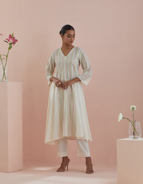 Shop Anarkali Kurta in Textured Cotton with Solid Pants in Off White (Set of 2) - By Vinusto 
