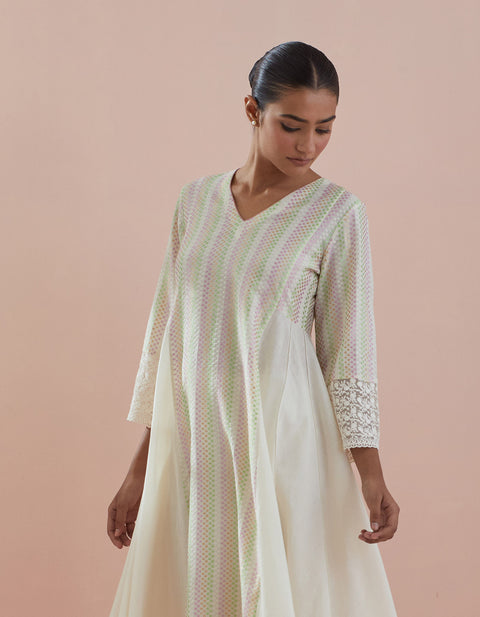 Buy Anarkali Kurta in Textured Cotton with Solid Pants in Off White (Set of 2) - By Vinusto 
