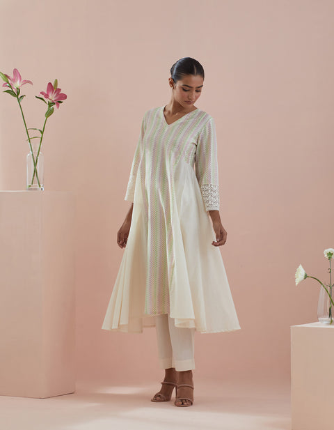 Order Anarkali Kurta in Textured Cotton with Solid Pants in Off White (Set of 2) - By Vinusto 
