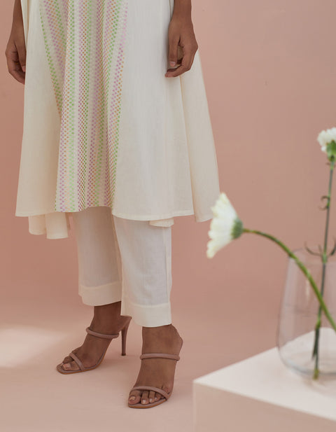 Handloom Anarkali Kurta in Textured Cotton with Solid Pants in Off White (Set of 2) - By Vinusto 
