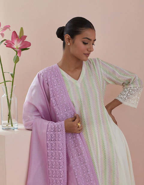 Buy Anarkali Kurta in Textured Cotton with Solid Pants in Off White & Pink Chanderi Dupatta (Set of 3) - By Vinusto
