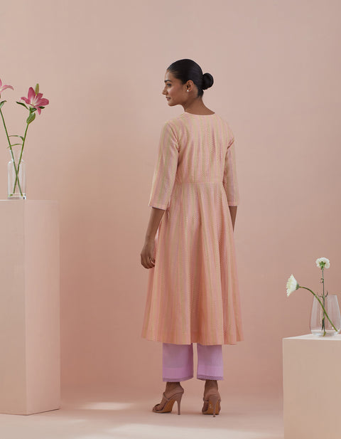 Luxury Textured Cotton Anarkali in Peach with Solid Pink Pants - By Vinusto