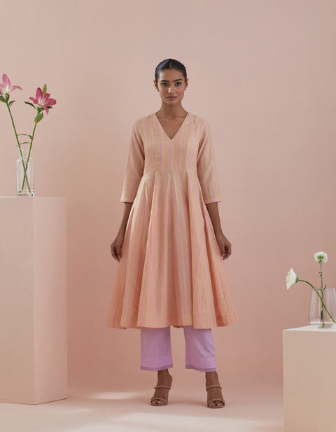 Shop Textured Cotton Anarkali in Peach with Solid Pink Pants - By Vinusto