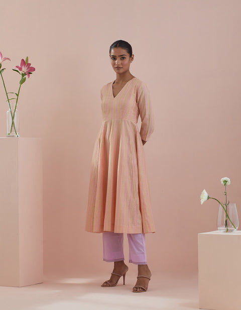 Handcrafted Textured Cotton Anarkali in Peach with Solid Pink Pants - By Vinusto