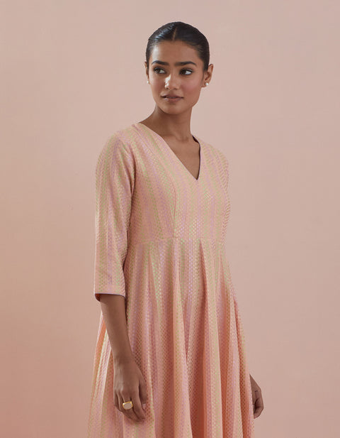 Buy Handloom Peach Anarkali with Pink Pants in Textured Cotton - By Vinuto