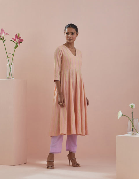 Order Textured Cotton Anarkali in Peach with Solid Pink Pants - By Vinusto
