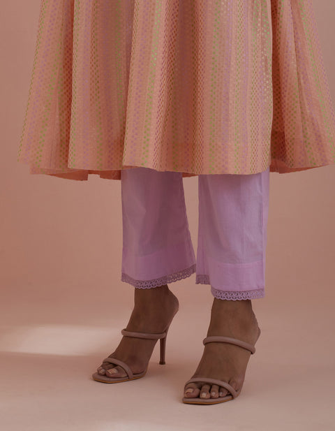 100 % Pure Textured Cotton Anarkali in Peach with Solid Pink Pants - By Vinusto