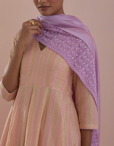 Buy Textured Cotton Anarkali in Peach with Solid Pink Pants and Pink Chanderi Silk Dupatta (Set of 3) - By Vinusto
