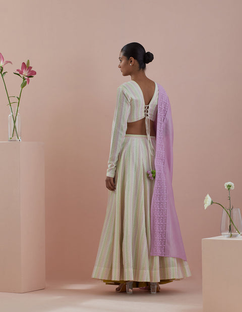 Best Lehanga Set- Textured Cotton Skirt And Blouse In Off White And Pink Chanderi Dupatta (Set Of 3) - By Vinusto