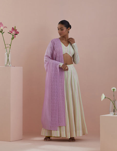 Shop Lehanga Set- Textured Cotton Skirt And Blouse In Off White And Pink Chanderi Dupatta (Set Of 3)at Best Price online - By Vinusto