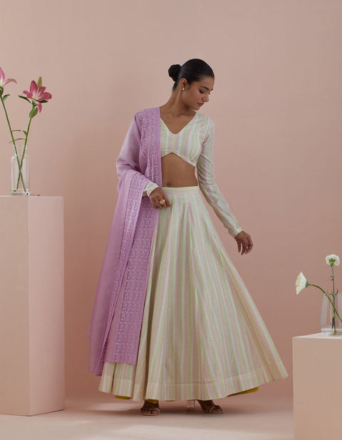 Order Lehanga Set- Textured Cotton Skirt And Blouse In Off White And Pink Chanderi Dupatta (Set Of 3) - By Vinusto