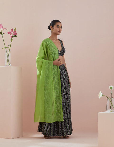 Designer Lehenga Set- Textured Cotton Skirt And Blouse In Black And Green Chanderi Dupatta (Set Of 3) - By Vinusto