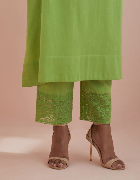 Designer A-Line Kurta with Cropped Pants with Lace Inserts in Green - By Vinusto