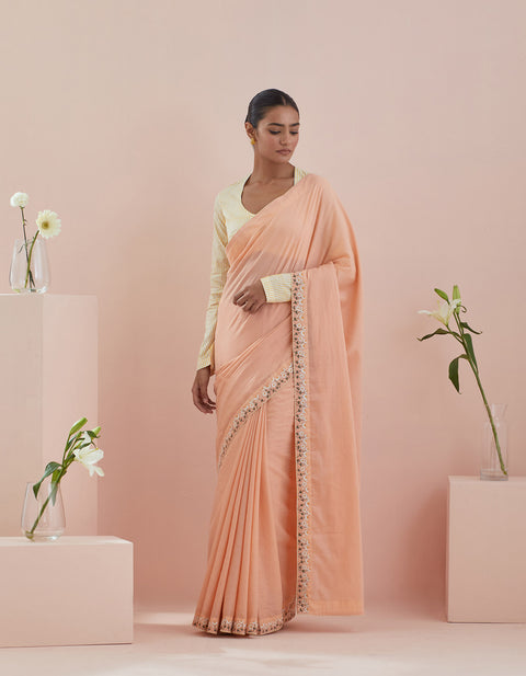 Order Embroidered Cotton Saree In Peach - By Vinusto