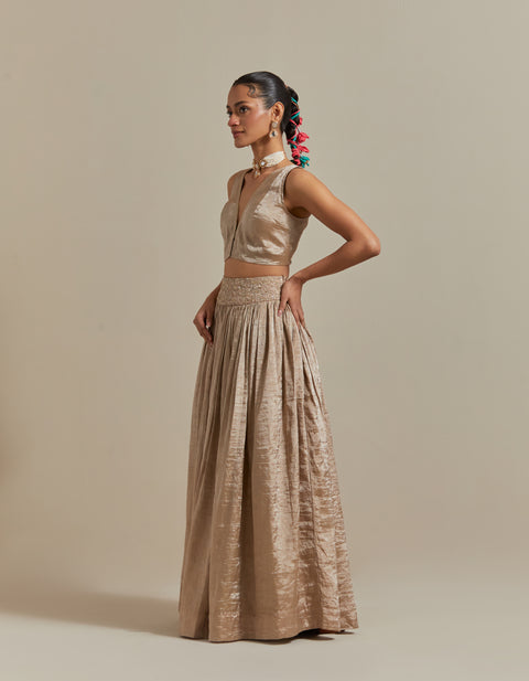 Premium Beige Zari Lehenga Set with Color Block Dupatta in Brown & Pink Chanderi – Vinusto

