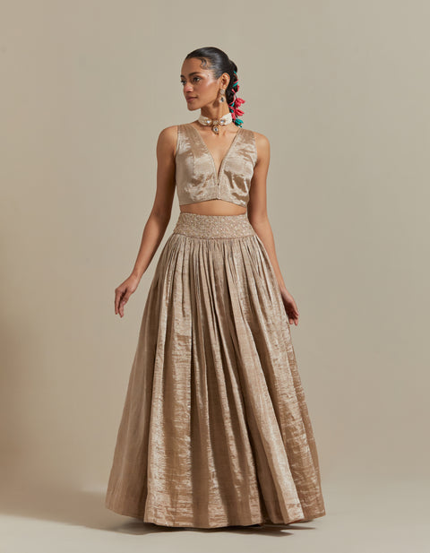 Order Beige Zari Lehenga Set with Color Block Dupatta in Brown & Pink Chanderi – Vinusto

