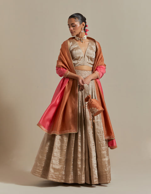 Shop Beige Zari Lehenga Set with Color Block Dupatta in Brown & Pink Chanderi – Vinusto

