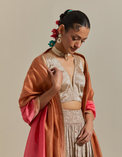 Buy Beige Zari Lehenga Set with Color Block Dupatta in Brown & Pink Chanderi – Vinusto

