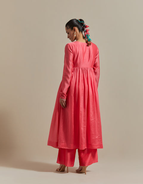 Handcraft Embroidered Pink Anarkali & Pants with Color-Blocked Dupatta in Chanderi Handloom (Set of 3) | Vinusto
