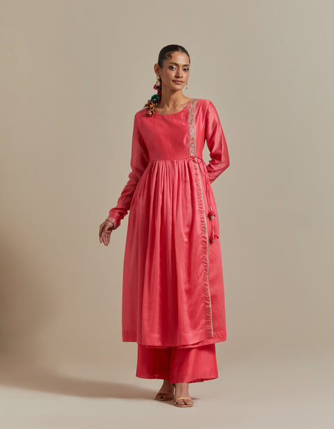 Luxury Embroidered Pink Anarkali & Pants with Color-Blocked Dupatta in Chanderi Handloom (Set of 3) | Vinusto