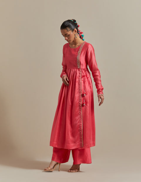 Buy Embroidered Pink Anarkali & Pants with Color-Blocked Dupatta in Chanderi Handloom (Set of 3) | Vinusto