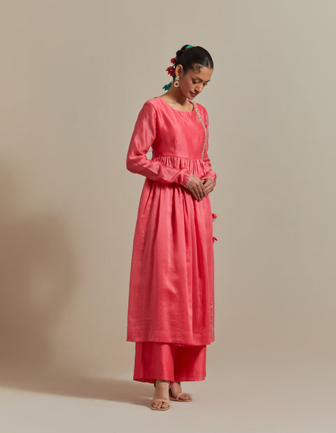 Premium Embroidered Pink Anarkali & Pants with Color-Blocked Dupatta in Chanderi Handloom (Set of 3) | Vinusto