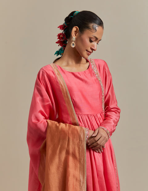 Order Embroidered Pink Anarkali & Pants with Color-Blocked Dupatta in Chanderi Handloom (Set of 3) | Vinusto