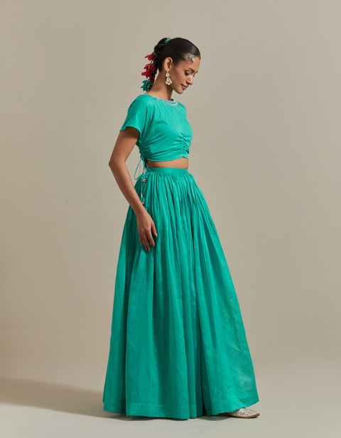 Premium Embroidered Crop Top with Skirt & Color-Blocked Dupatta in Chanderi Handloom Set of 3 | Vinusto