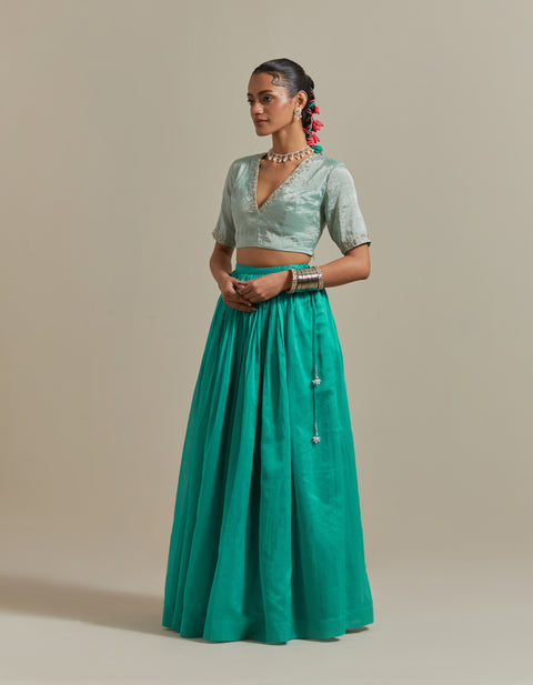 Premium Aqua Green Chanderi Skirt with Embroidered Zari Blouse & Dupatta Set of 3 | Vinusto