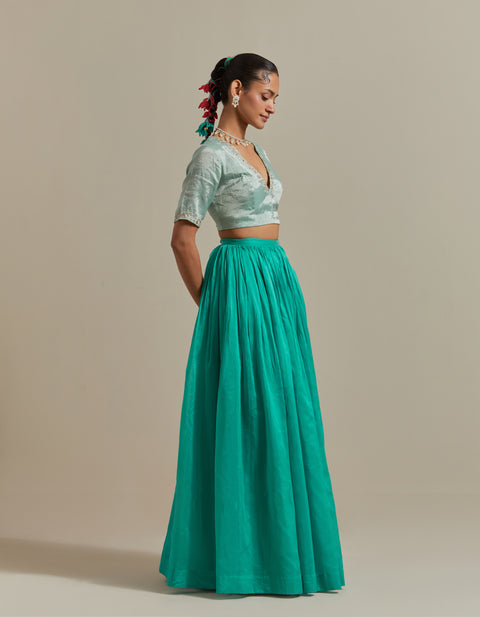 Luxury Aqua Green Chanderi Skirt with Embroidered Zari Blouse & Dupatta Set of 3 | Vinusto