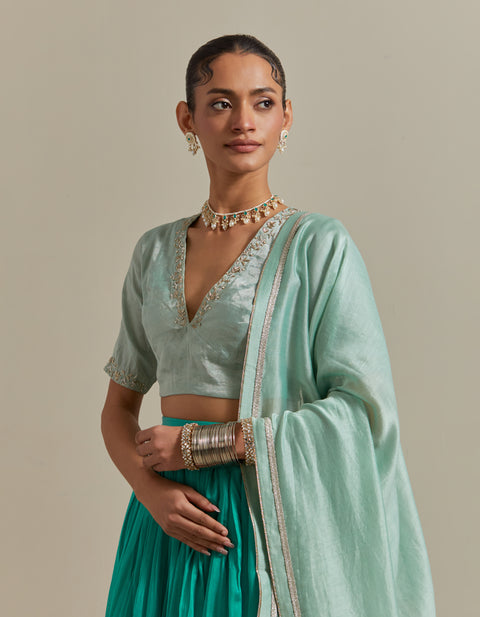 Order Aqua Green Chanderi Skirt with Embroidered Zari Blouse & Dupatta Set of 3 | Vinusto