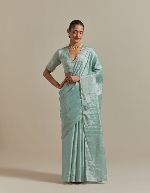 Shop Mint Zari Silk Saree with Embroidered Blouse Set of 2 | Vinusto