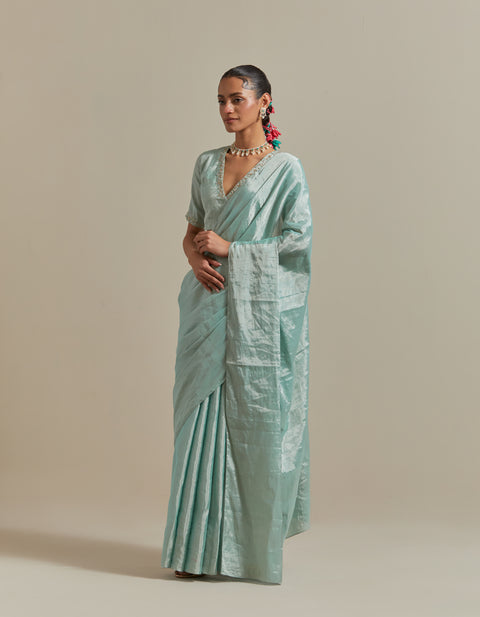 Buy Mint Zari Silk Saree with Embroidered Blouse Set of 2 | Vinusto
