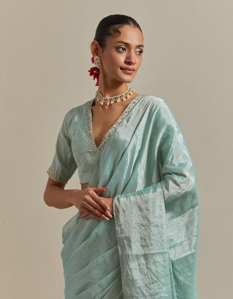 Order Mint Zari Silk Saree with Embroidered Blouse Set of 2 | Vinusto