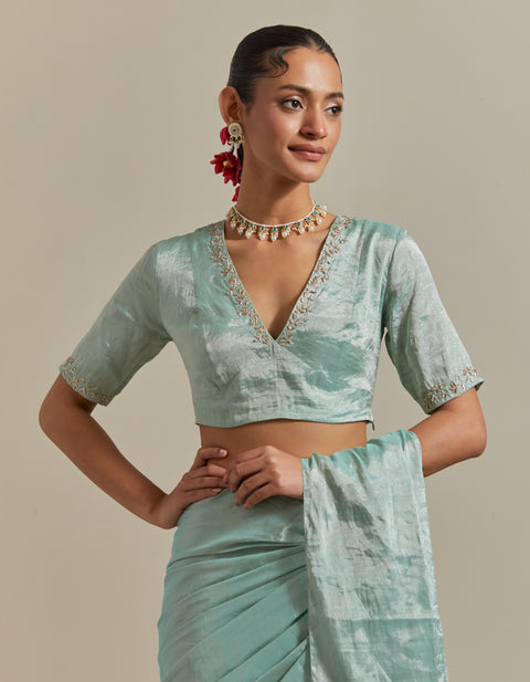 Luxury Mint Zari Silk Saree with Embroidered Blouse Set of 2 | Vinusto