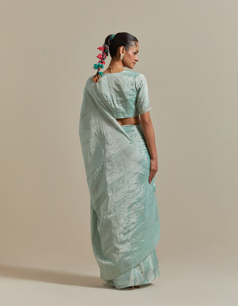 Handcraft Mint Zari Silk Saree with Embroidered Blouse Set of 2 | Vinusto