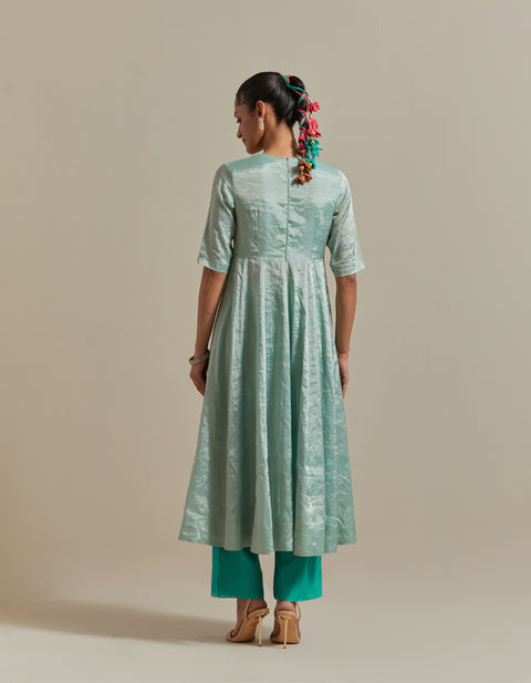Handcraft Mint Zari Anarkali with Aqua Pants & Dupatta in Chanderi Handloom (Set of 3) | Vinusto