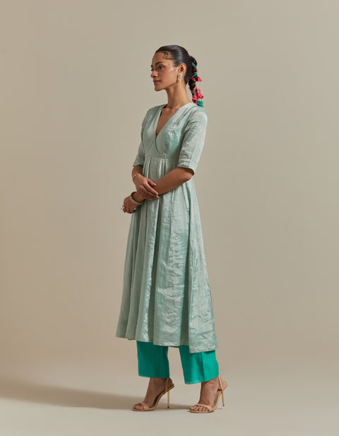 Luxury Mint Zari Anarkali with Aqua Pants & Dupatta in Chanderi Handloom (Set of 3) | Vinusto