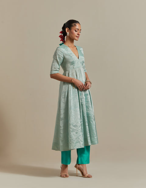 Premium Mint Zari Anarkali with Aqua Pants & Dupatta in Chanderi Handloom (Set of 3) | Vinusto