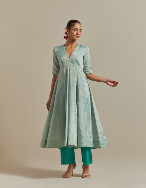 Buy Mint Zari Anarkali with Aqua Pants & Dupatta in Chanderi Handloom (Set of 3) | Vinusto