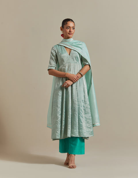 Shop Mint Zari Anarkali with Aqua Pants & Dupatta in Chanderi Handloom (Set of 3) | Vinusto