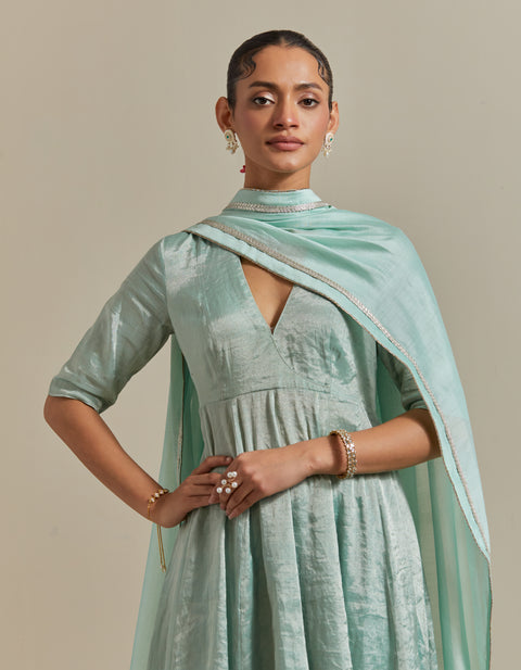 Order Mint Zari Anarkali with Aqua Pants & Dupatta in Chanderi Handloom (Set of 3) | Vinusto