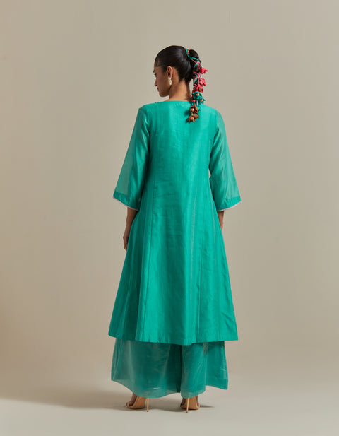 Aqua A-line Kurta with Striped Flare Palazzo & Dupatta in Chanderi Handloom (Set of 3)