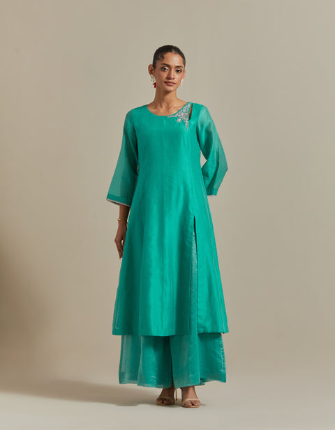 Aqua A-line Kurta with Striped Flare Palazzo & Dupatta in Chanderi Handloom (Set of 3)