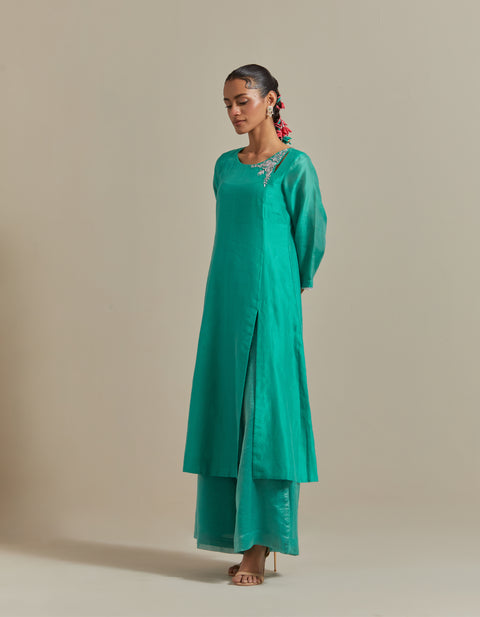 Aqua A-line Kurta with Striped Flare Palazzo & Dupatta in Chanderi Handloom (Set of 3)