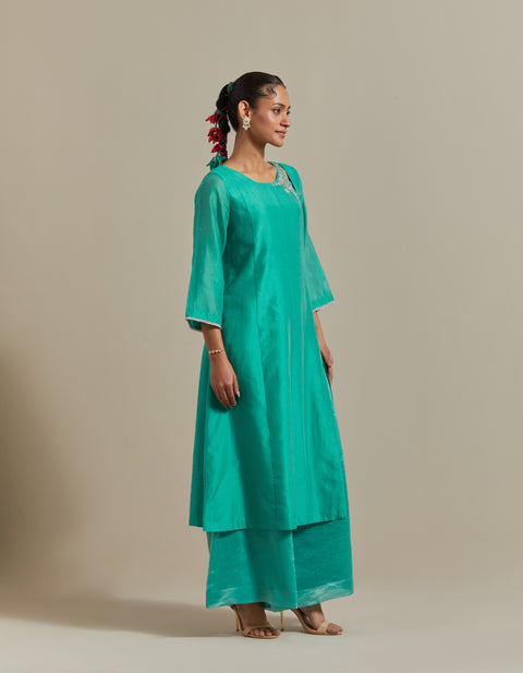 Aqua A-line Kurta with Striped Flare Palazzo & Dupatta in Chanderi Handloom (Set of 3)