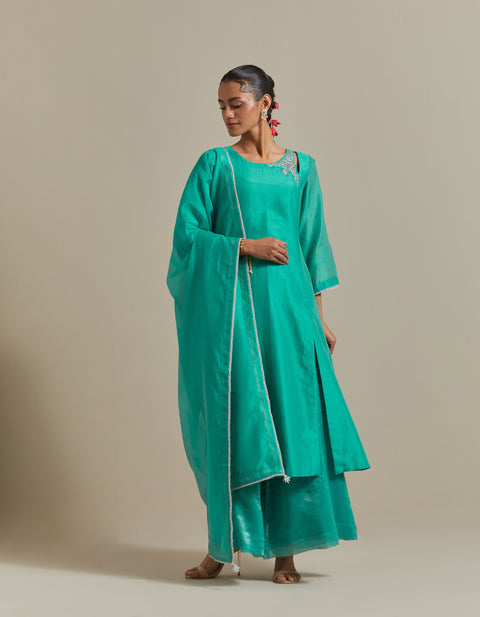 Aqua A-line Kurta with Striped Flare Palazzo & Dupatta in Chanderi Handloom (Set of 3)