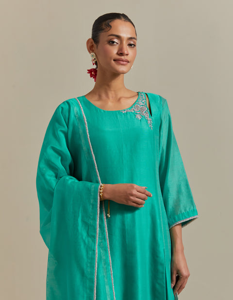 Aqua A-line Kurta with Striped Flare Palazzo & Dupatta in Chanderi Handloom (Set of 3)