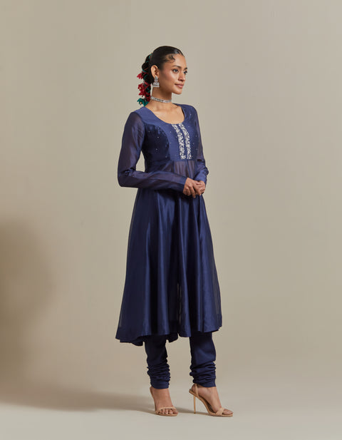 Premium Embroidered Blue Chanderi Anarkali Kurta Set with Silver Zari Stripe Dupatta (Set of 3) | Vinusto